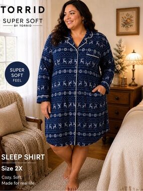 Torrid Super Soft 2X Blue Reindeer Sleep Shirt Cozy Winter Nightgown
